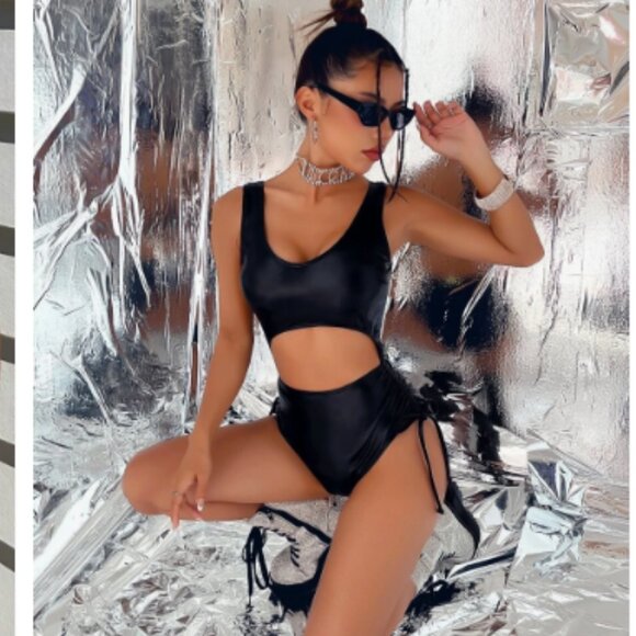 Cut Out Drawstring Side PU One Piece Swimsuit - Picture 2 of 4